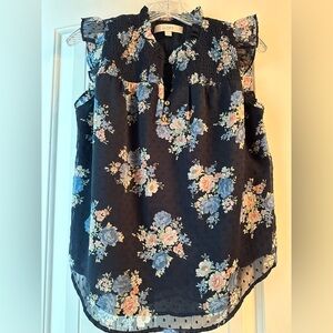 EUC Loft Navy Floral Clip Dot Blouse Size XS